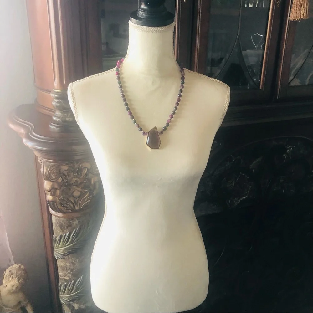Handcrafted genuine ruby in zoisite geometric topaz pendant necklace